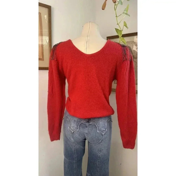 Vintage 80s Sweater With Beaded Tassel Silk Rabbit Hair Shoulder Pads Unique - Picture 6 of 7
